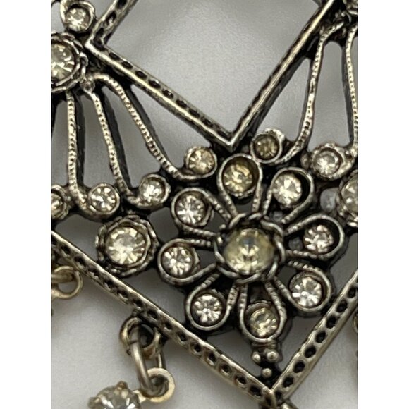 Vintage Silver Tone Dangle Earrings Clip Clear Rhinestones 2.5" - Picture 9 of 13